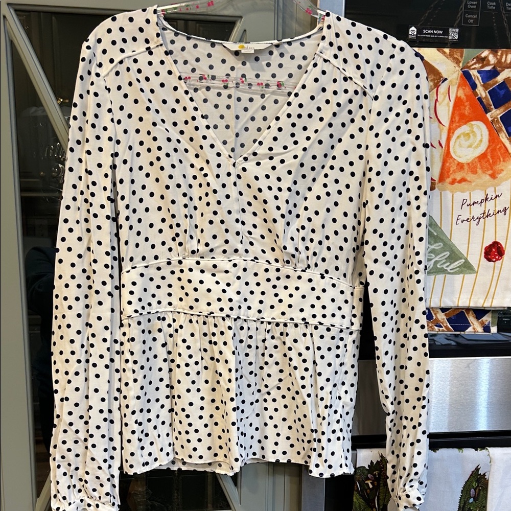 Boden Navy and White Polka Dot Viscose Peplum Blouse 4